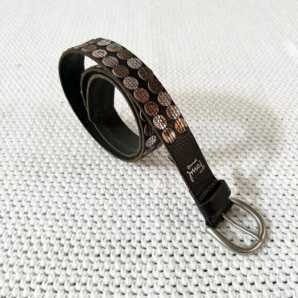 Fossil Vintage Black Leather Bronze Metallic Medallion Matte Geometric Belt M/L - Picture 1 of 9